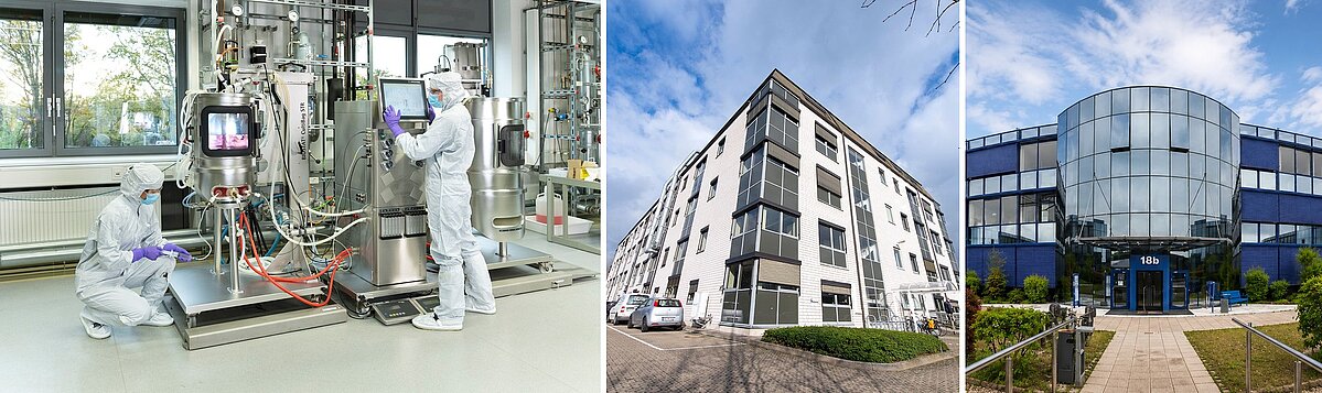 Dreiteilige Bildcollage mit zwei Personen in Schutzkleidung an einer Laboranlage, einem hellen mehrstöckigen Gebäude und einem modernen blauen Bürogebäude mit Glaseingang.